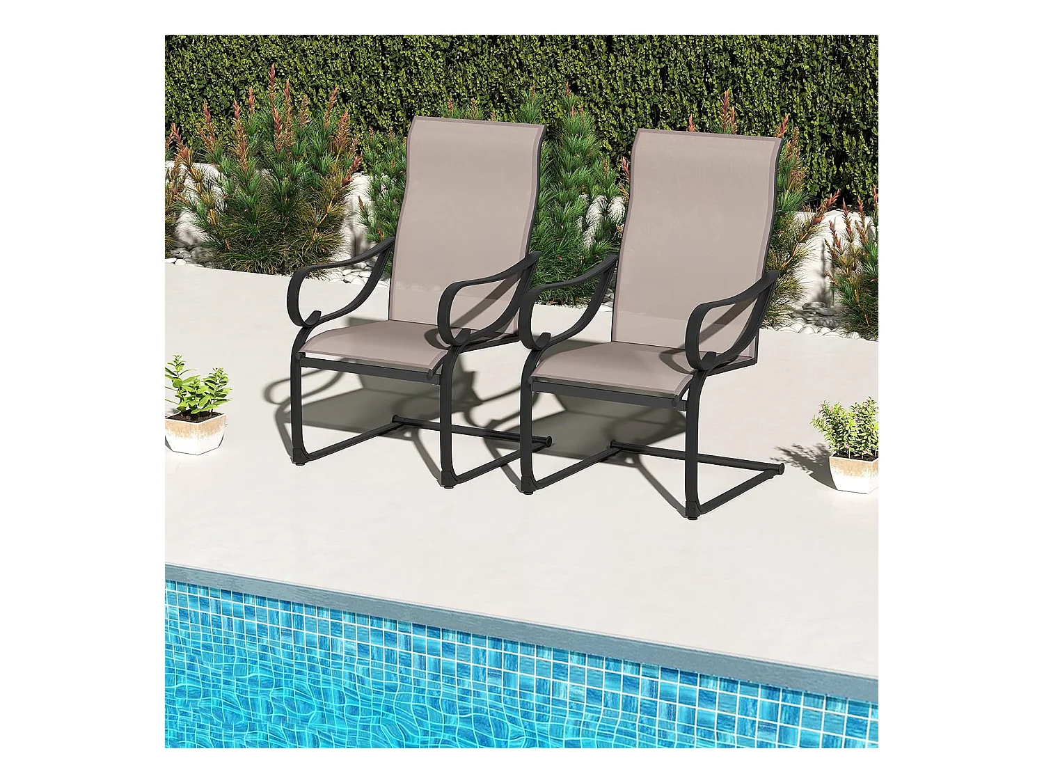 Lot de 2 Chaises de Jardin, Fauteuil d'Exterieur Confortable à Ressorts en ‘C’, Tissu Respirant, avec Accoudoirs, Capacité 150 kg, 69 x 62 x 108 cm