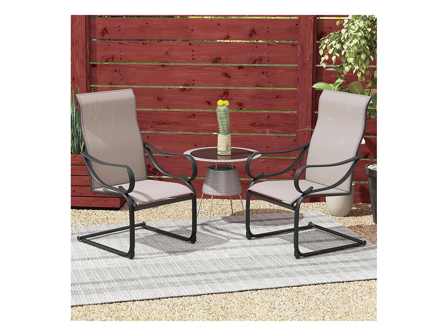 Lot de 2 Chaises de Jardin, Fauteuil d'Exterieur Confortable à Ressorts en ‘C’, Tissu Respirant, avec Accoudoirs, Capacité 150 kg, 69 x 62 x 108 cm