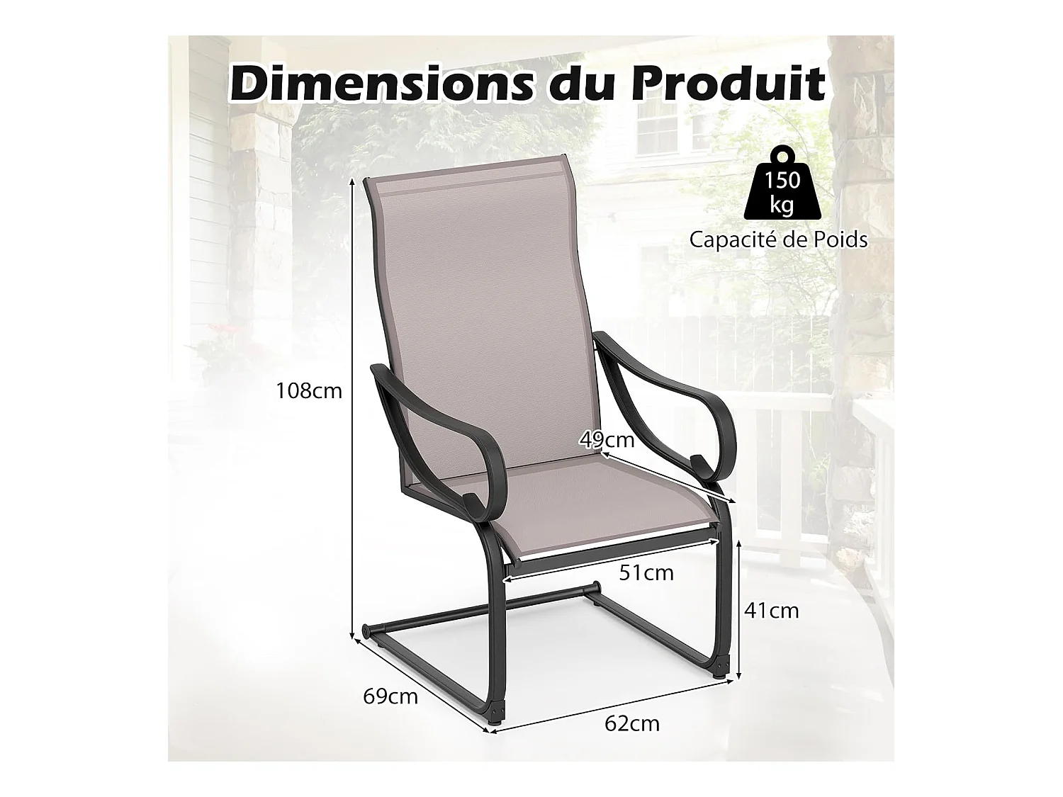 Lot de 2 Chaises de Jardin, Fauteuil d'Exterieur Confortable à Ressorts en ‘C’, Tissu Respirant, avec Accoudoirs, Capacité 150 kg, 69 x 62 x 108 cm