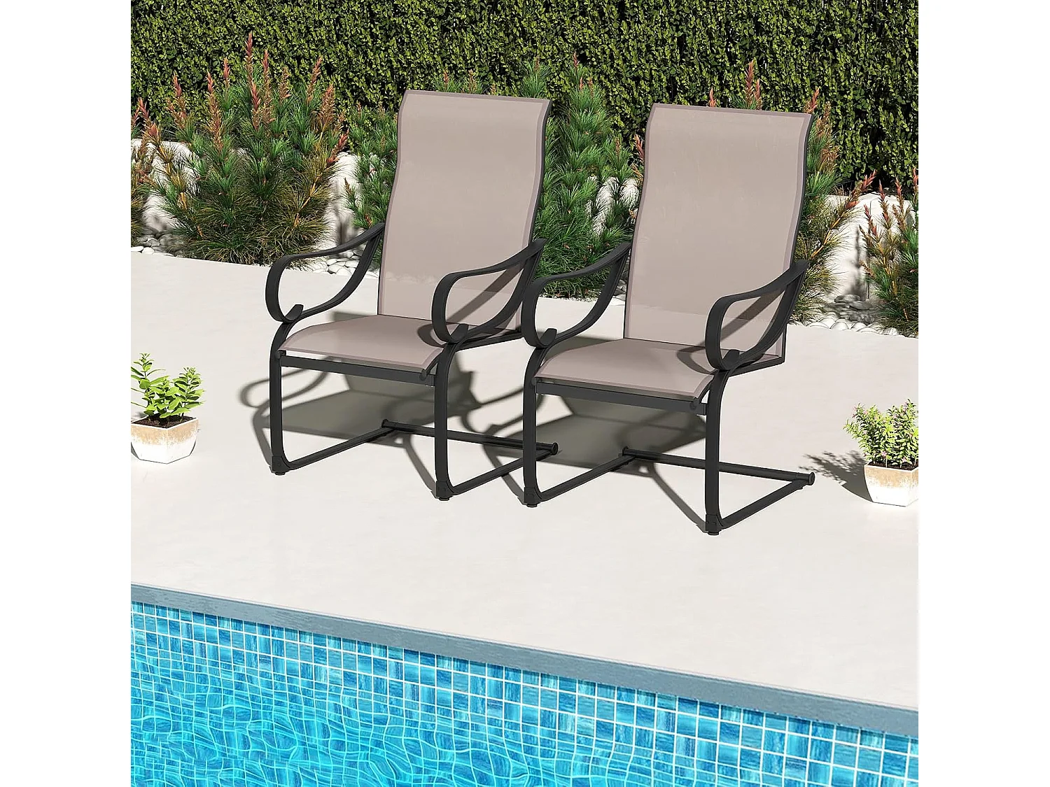 Lot de 2 Chaises de Jardin, Fauteuil d'Exterieur Confortable à Ressorts en ‘C’, Tissu Respirant, avec Accoudoirs, Capacité 150 kg, 69 x 62 x 108 cm