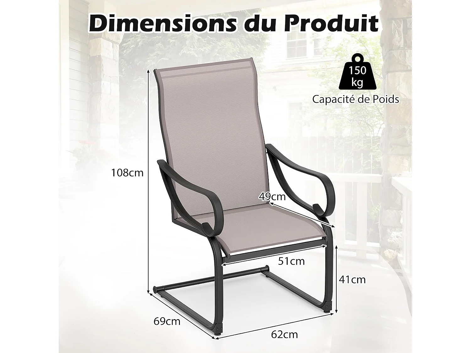 Lot de 2 Chaises de Jardin, Fauteuil d'Exterieur Confortable à Ressorts en ‘C’, Tissu Respirant, avec Accoudoirs, Capacité 150 kg, 69 x 62 x 108 cm
