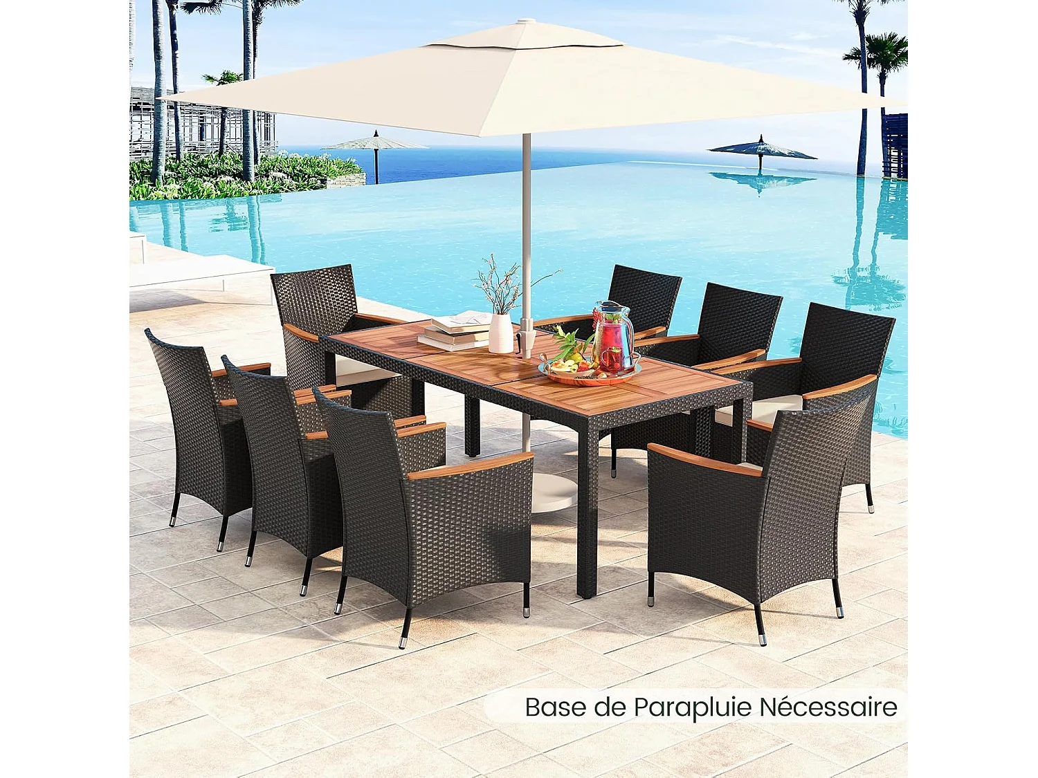 9-delige rotan tuinmeubelset, eetset voor 8 personen, tuintafel van acaciahout met paraplugat, tuinset, tuinggarnituur, zitgroep, outdoor, bruin