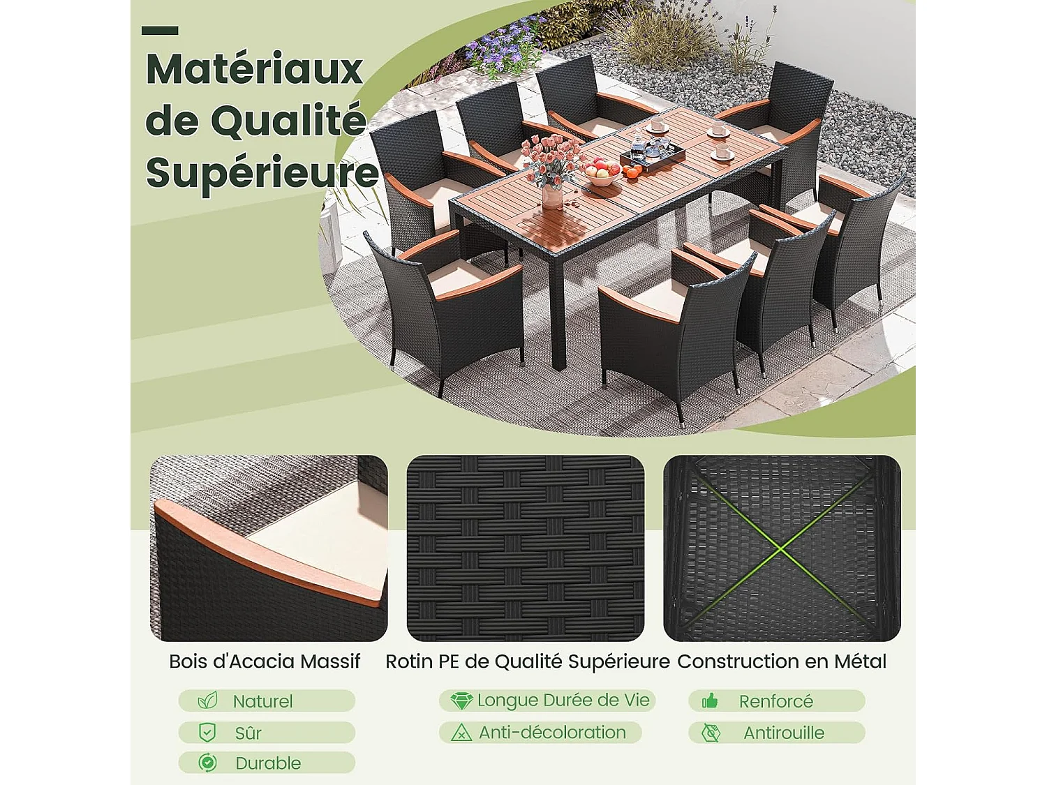 9-delige rotan tuinmeubelset, eetset voor 8 personen, tuintafel van acaciahout met paraplugat, tuinset, tuinggarnituur, zitgroep, outdoor, bruin