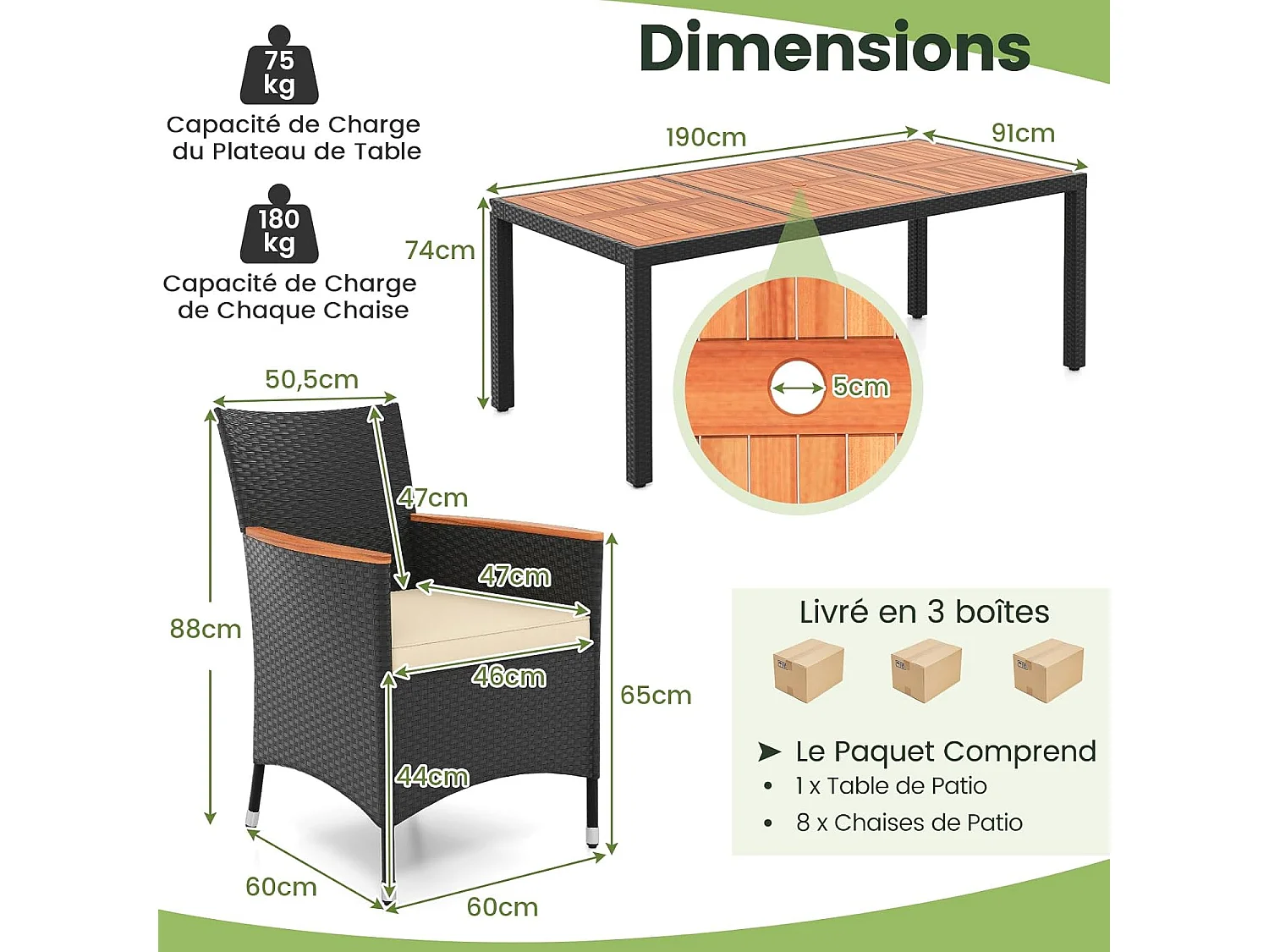 9-delige rotan tuinmeubelset, eetset voor 8 personen, tuintafel van acaciahout met paraplugat, tuinset, tuinggarnituur, zitgroep, outdoor, bruin