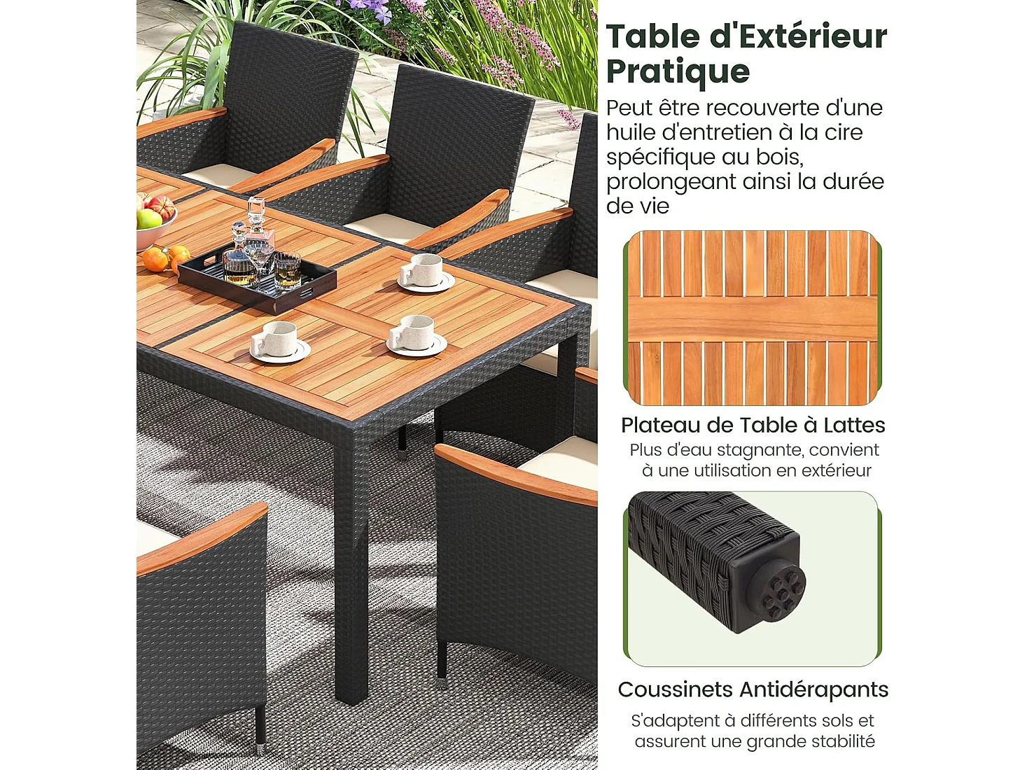 9-delige rotan tuinmeubelset, eetset voor 8 personen, tuintafel van acaciahout met paraplugat, tuinset, tuinggarnituur, zitgroep, outdoor, bruin