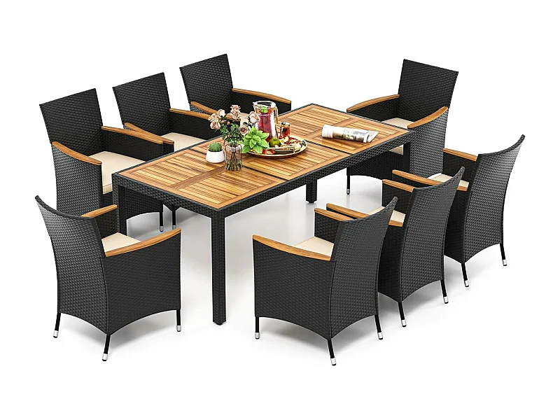 Salon de Jardin en Rotin 9 Pièces pour 8 Personnes Plateau de Table en Acacia, Ensemble de Salle à Manger de Patio avec Coussins et Trou pour Parasol, Noir+Beige