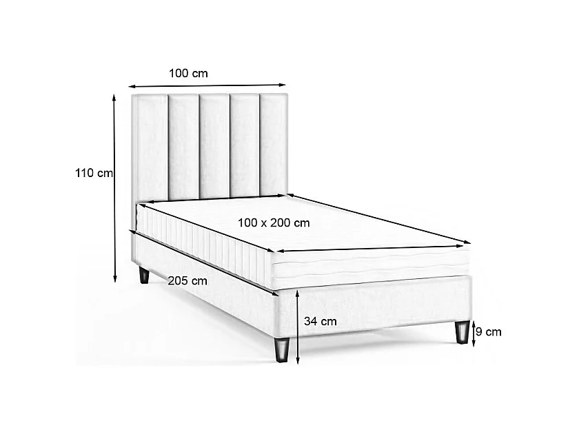 Boxspringbett Polsterbett Einzelbett KONGO ohne Matratze 100 x 200 cm Bett Schlafzimmer Jugendbett Kinderbett Hotelzimmer, hellgrau
