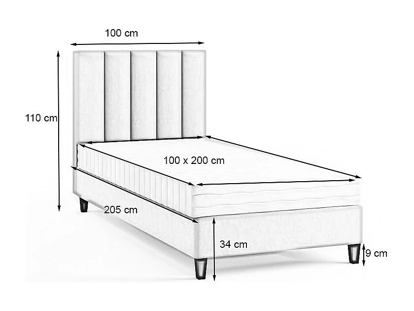 Boxspringbett Polsterbett Einzelbett KONGO ohne Matratze 100 x 200 cm Bett Schlafzimmer Jugendbett Kinderbett Hotelzimmer, hellgrau