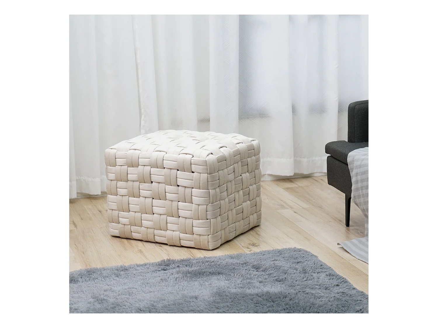 SVITA POPPY tabouret pouf tressé velours beige