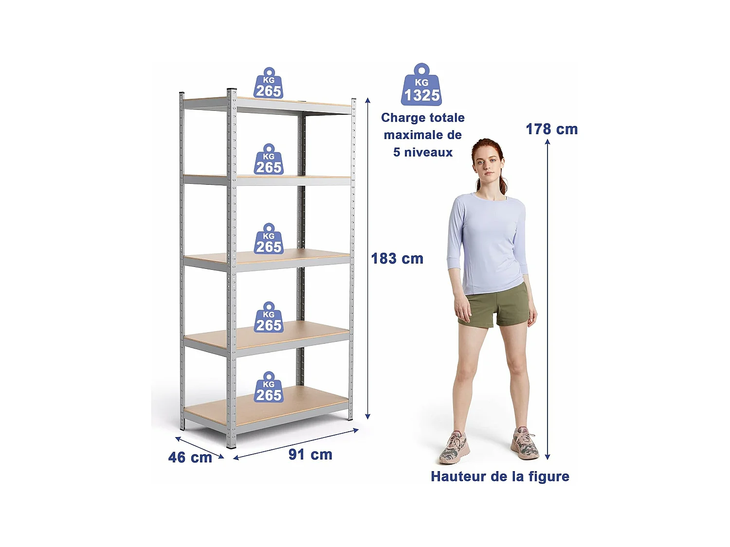 Étagère de Rangement à 5 Niveaux 46 x 91 x 183 cm, Charge Lourde Totale 1325 kg (265 kg par Niveau), pour Garage, Cave, Atelier, Cuisine (Argent)