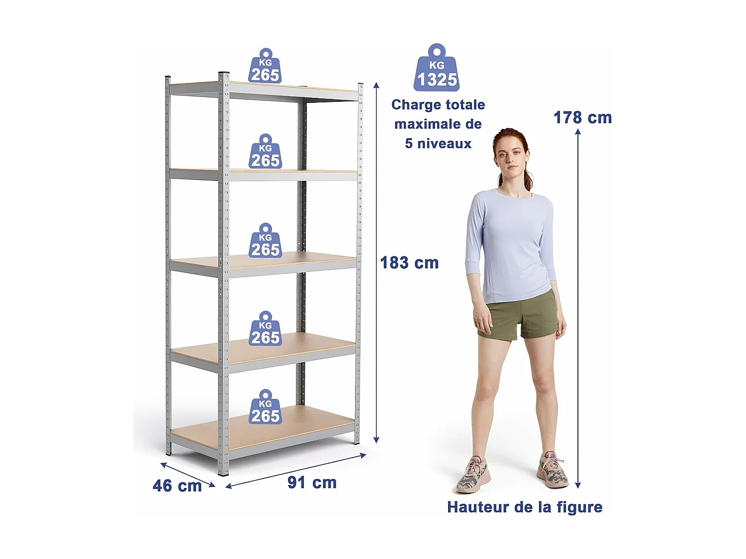 Étagère de Rangement à 5 Niveaux 46 x 91 x 183 cm, Charge Lourde Totale 1325 kg (265 kg par Niveau), pour Garage, Cave, Atelier, Cuisine (Argent)