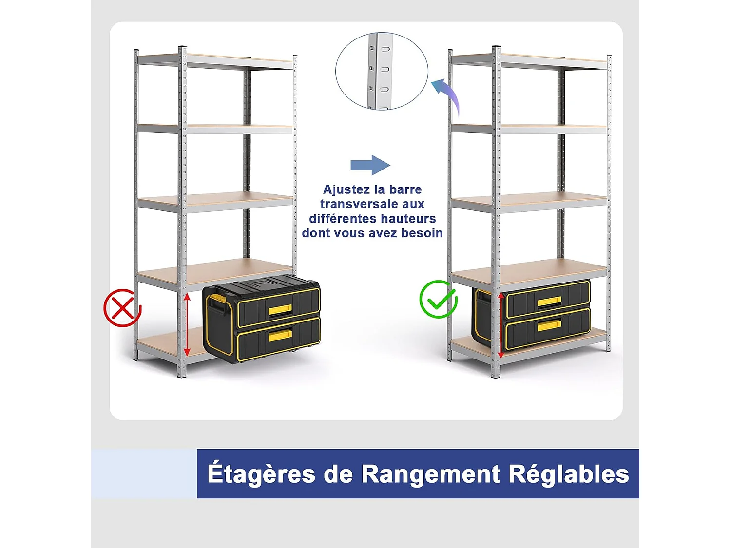 Étagère de Rangement à 5 Niveaux 46 x 91 x 183 cm, Charge Lourde Totale 1325 kg (265 kg par Niveau), pour Garage, Cave, Atelier, Cuisine (Argent)