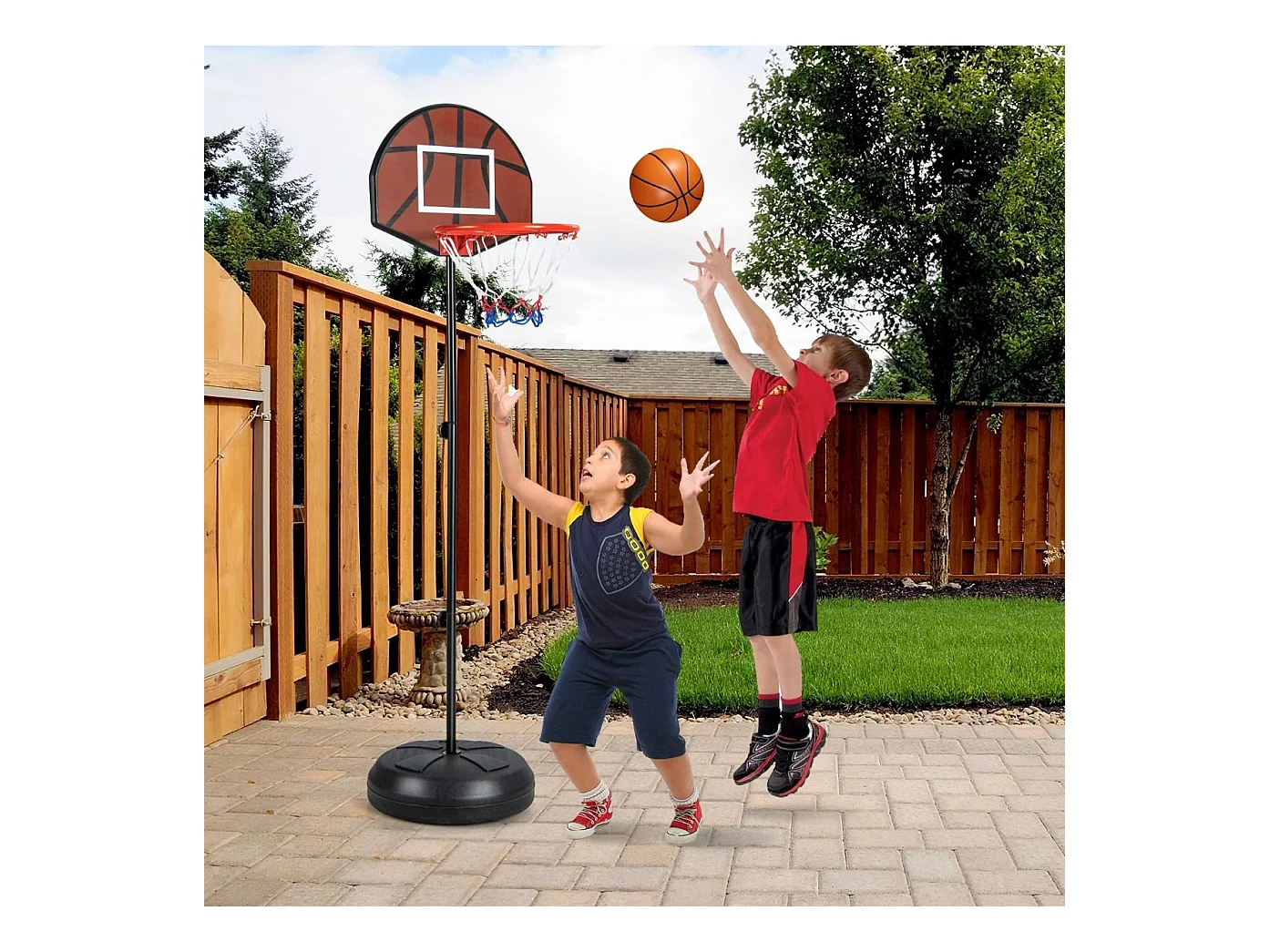 Panier de Basket-Ball 2 en 1 Hauteur Réglable 130/180cm avec Cible de Fléchettes, Panneau Arrière Double Face 6 Fléchettes Base Remplissable, pour Enfants
