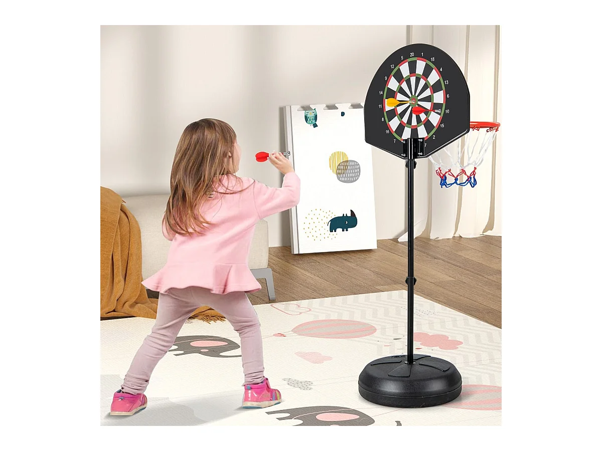 Panier de Basket-Ball 2 en 1 Hauteur Réglable 130/180cm avec Cible de Fléchettes, Panneau Arrière Double Face 6 Fléchettes Base Remplissable, pour Enfants