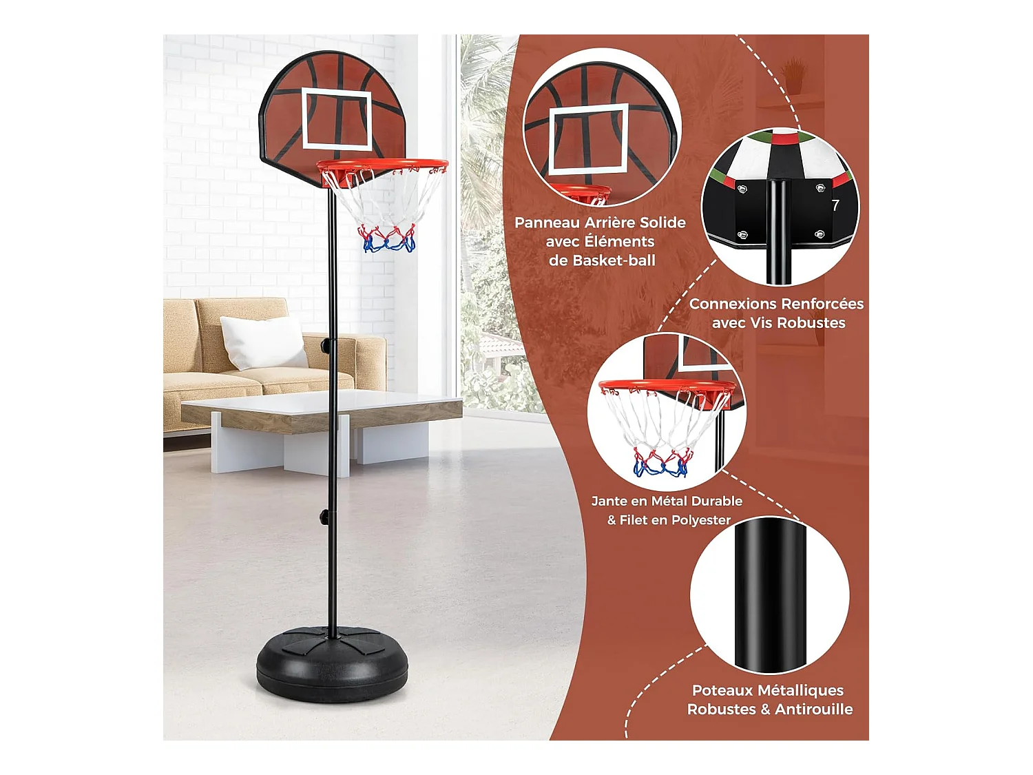 Panier de Basket-Ball 2 en 1 Hauteur Réglable 130/180cm avec Cible de Fléchettes, Panneau Arrière Double Face 6 Fléchettes Base Remplissable, pour Enfants
