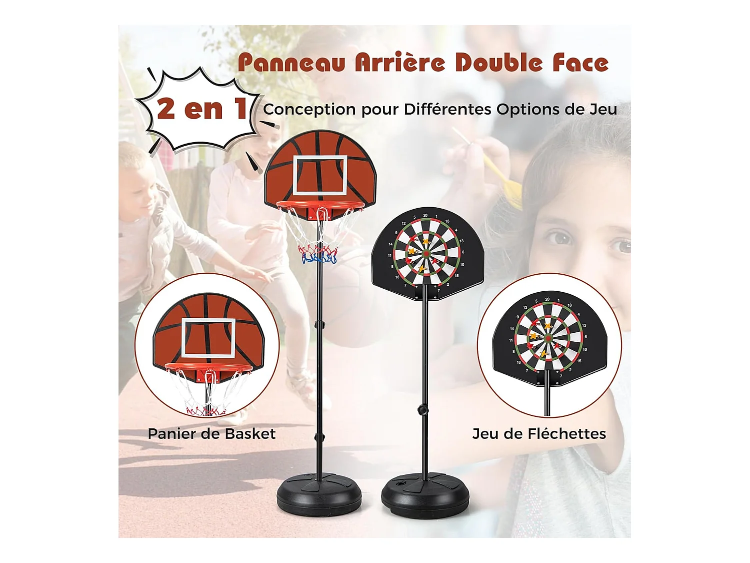 Panier de Basket-Ball 2 en 1 Hauteur Réglable 130/180cm avec Cible de Fléchettes, Panneau Arrière Double Face 6 Fléchettes Base Remplissable, pour Enfants