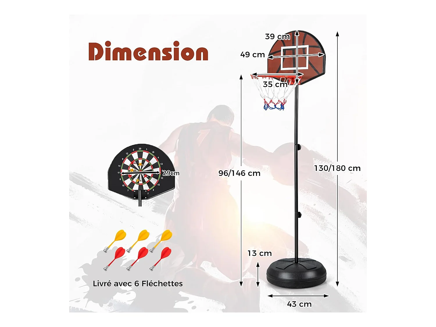 Panier de Basket-Ball 2 en 1 Hauteur Réglable 130/180cm avec Cible de Fléchettes, Panneau Arrière Double Face 6 Fléchettes Base Remplissable, pour Enfants