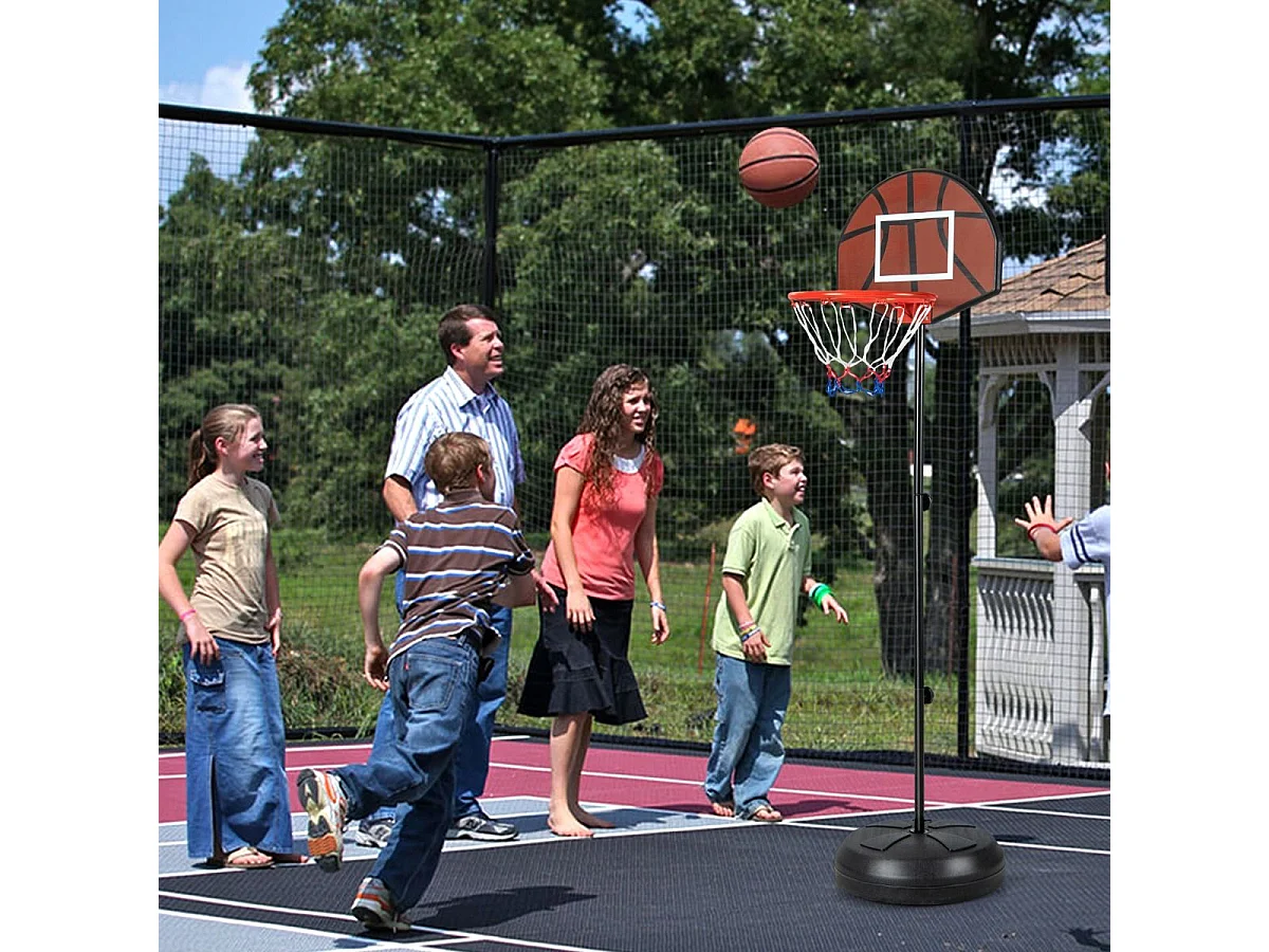 Panier de Basket-Ball 2 en 1 Hauteur Réglable 130/180cm avec Cible de Fléchettes, Panneau Arrière Double Face 6 Fléchettes Base Remplissable, pour Enfants