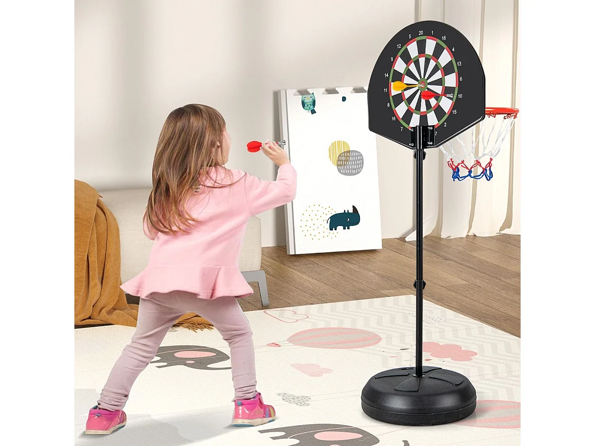 Panier de Basket-Ball 2 en 1 Hauteur Réglable 130/180cm avec Cible de Fléchettes, Panneau Arrière Double Face 6 Fléchettes Base Remplissable, pour Enfants