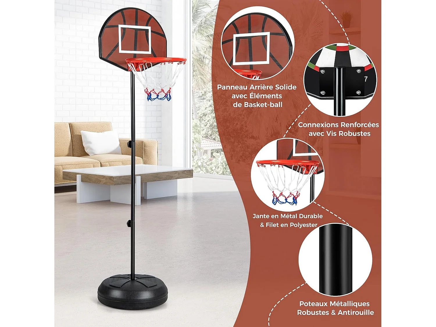 Panier de Basket-Ball 2 en 1 Hauteur Réglable 130/180cm avec Cible de Fléchettes, Panneau Arrière Double Face 6 Fléchettes Base Remplissable, pour Enfants
