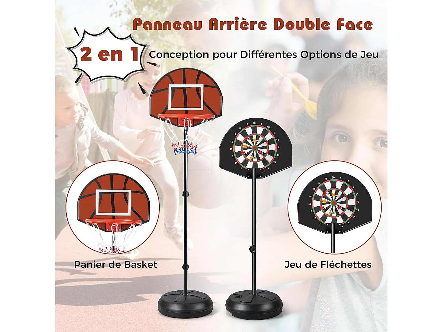 Panier de Basket-Ball 2 en 1 Hauteur Réglable 130/180cm avec Cible de Fléchettes, Panneau Arrière Double Face 6 Fléchettes Base Remplissable, pour Enfants
