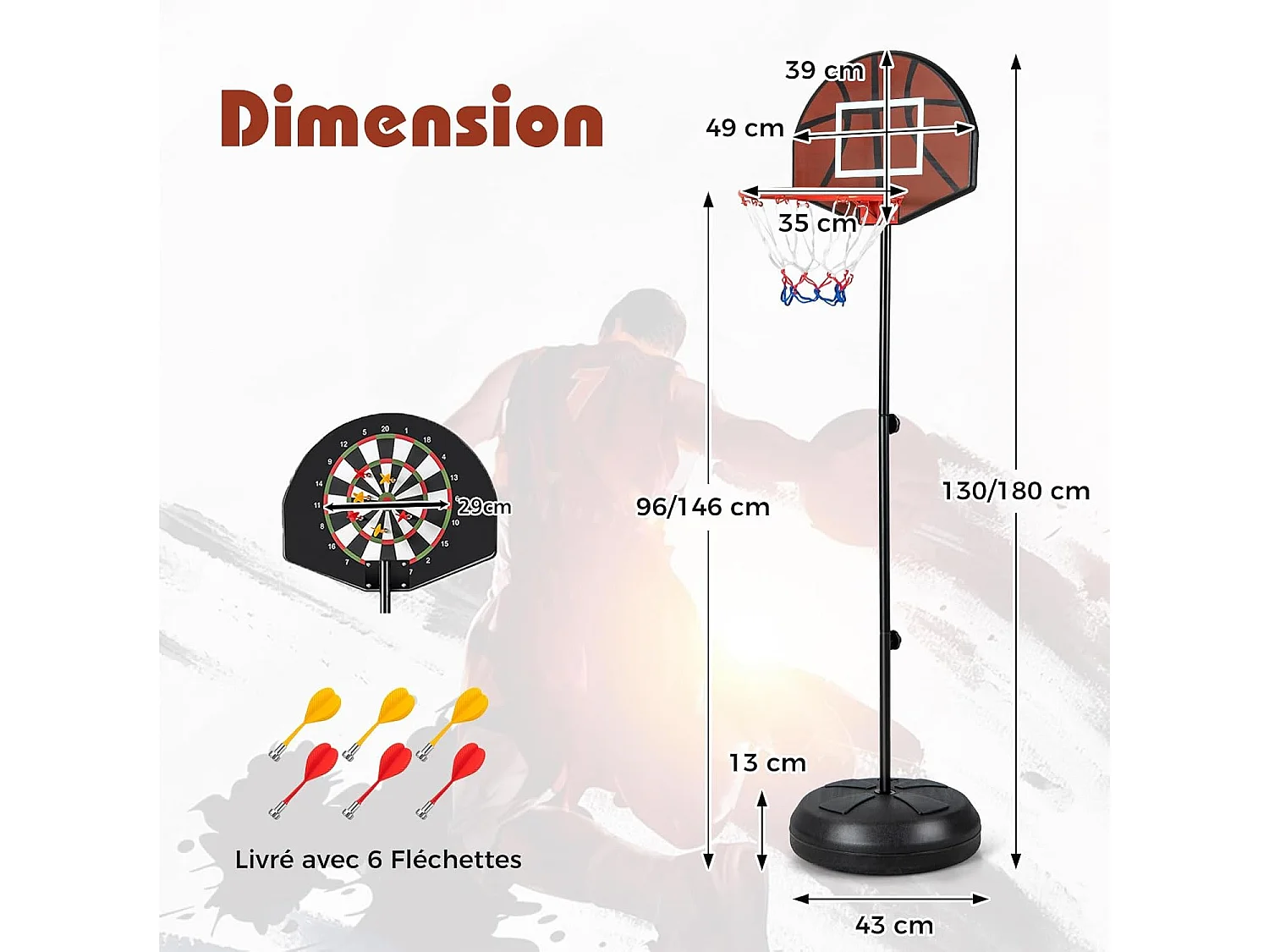 Panier de Basket-Ball 2 en 1 Hauteur Réglable 130/180cm avec Cible de Fléchettes, Panneau Arrière Double Face 6 Fléchettes Base Remplissable, pour Enfants