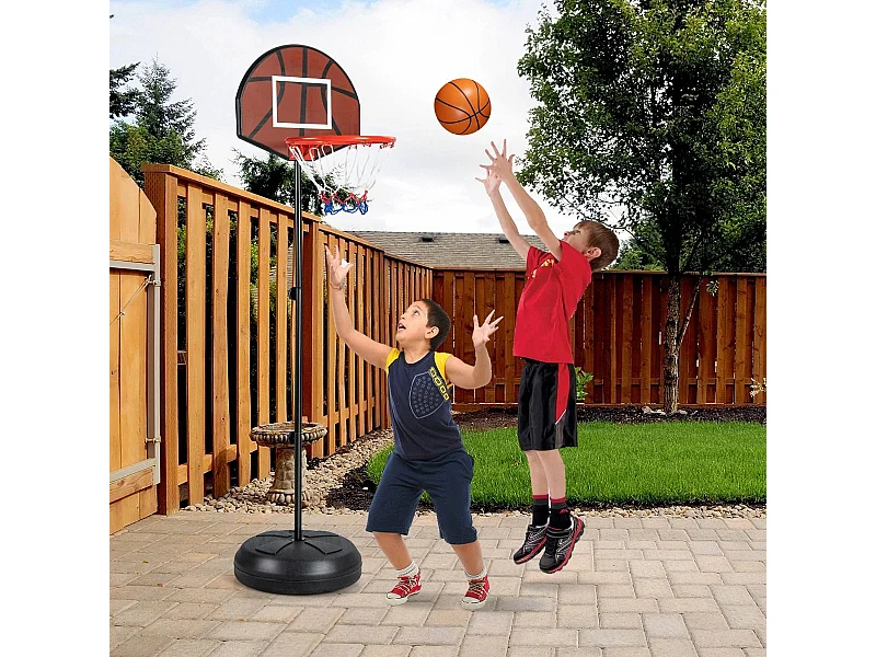 Panier de Basket-Ball 2 en 1 Hauteur Réglable 130/180cm avec Cible de Fléchettes, Panneau Arrière Double Face 6 Fléchettes Base Remplissable, pour Enfants