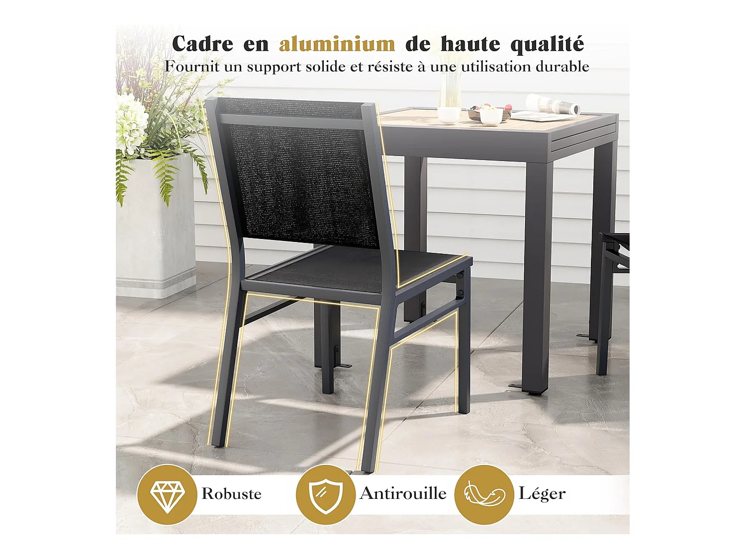 1 Chaise de Jardin Extérieure avec Cadre en Aluminium, Chaise de Terrasse, Chaise de Salle à Manger pour Patio avec Siège et Dossier Respirants, Charge 150 KG (1)