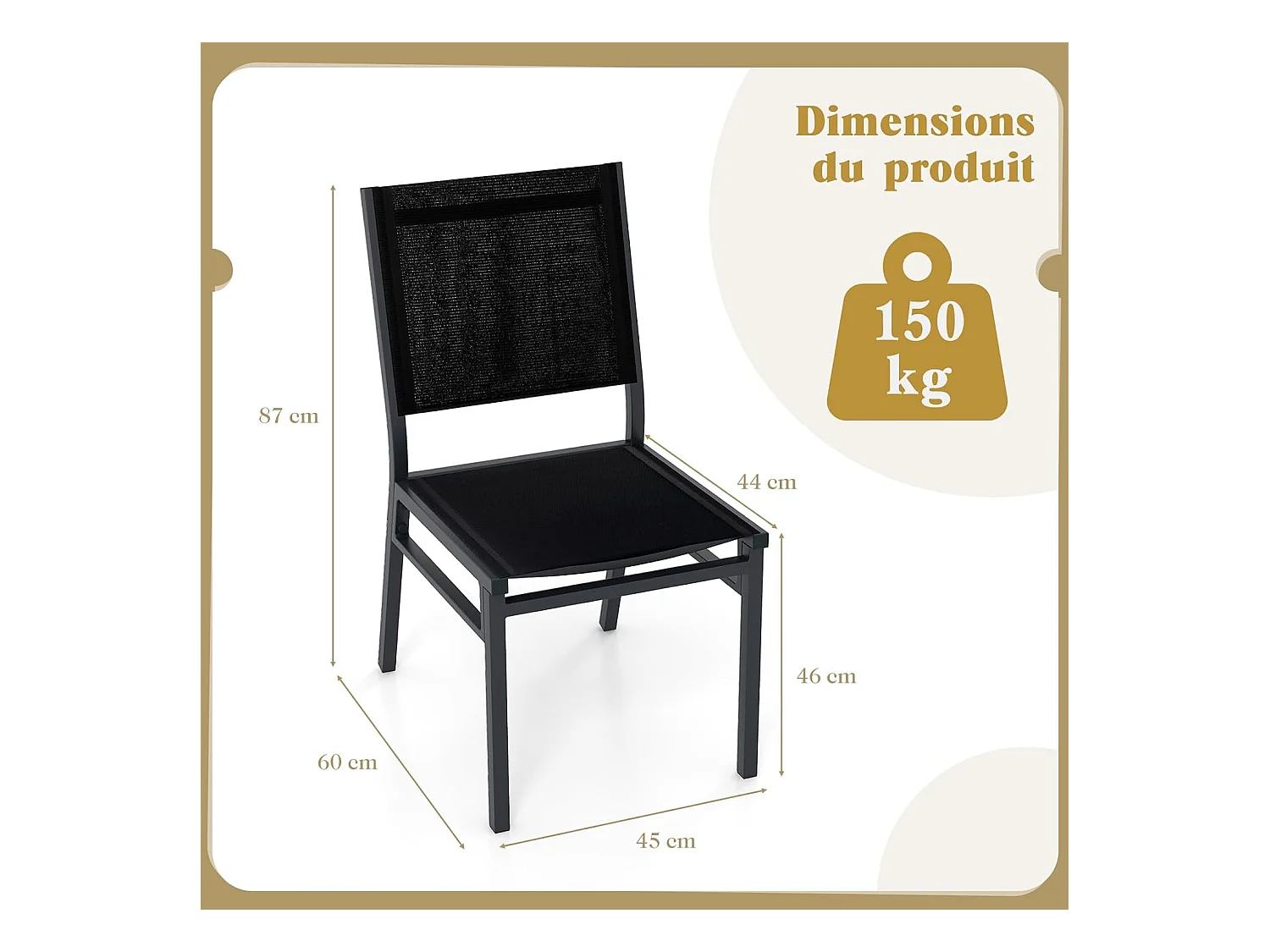 1 Chaise de Jardin Extérieure avec Cadre en Aluminium, Chaise de Terrasse, Chaise de Salle à Manger pour Patio avec Siège et Dossier Respirants, Charge 150 KG (1)