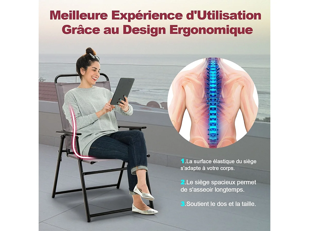 Lot de 2 Chaises de Jardin avec Cadre Métallique Chaises Pliantes en Tissu 2 Pièces avec Dossier Haut & Accoudoirs Noir
