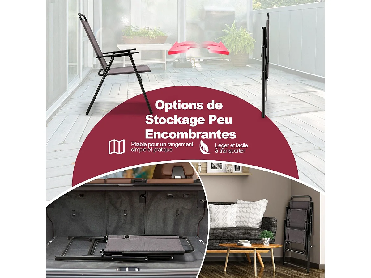 Lot de 2 Chaises de Jardin avec Cadre Métallique Chaises Pliantes en Tissu 2 Pièces avec Dossier Haut & Accoudoirs Noir