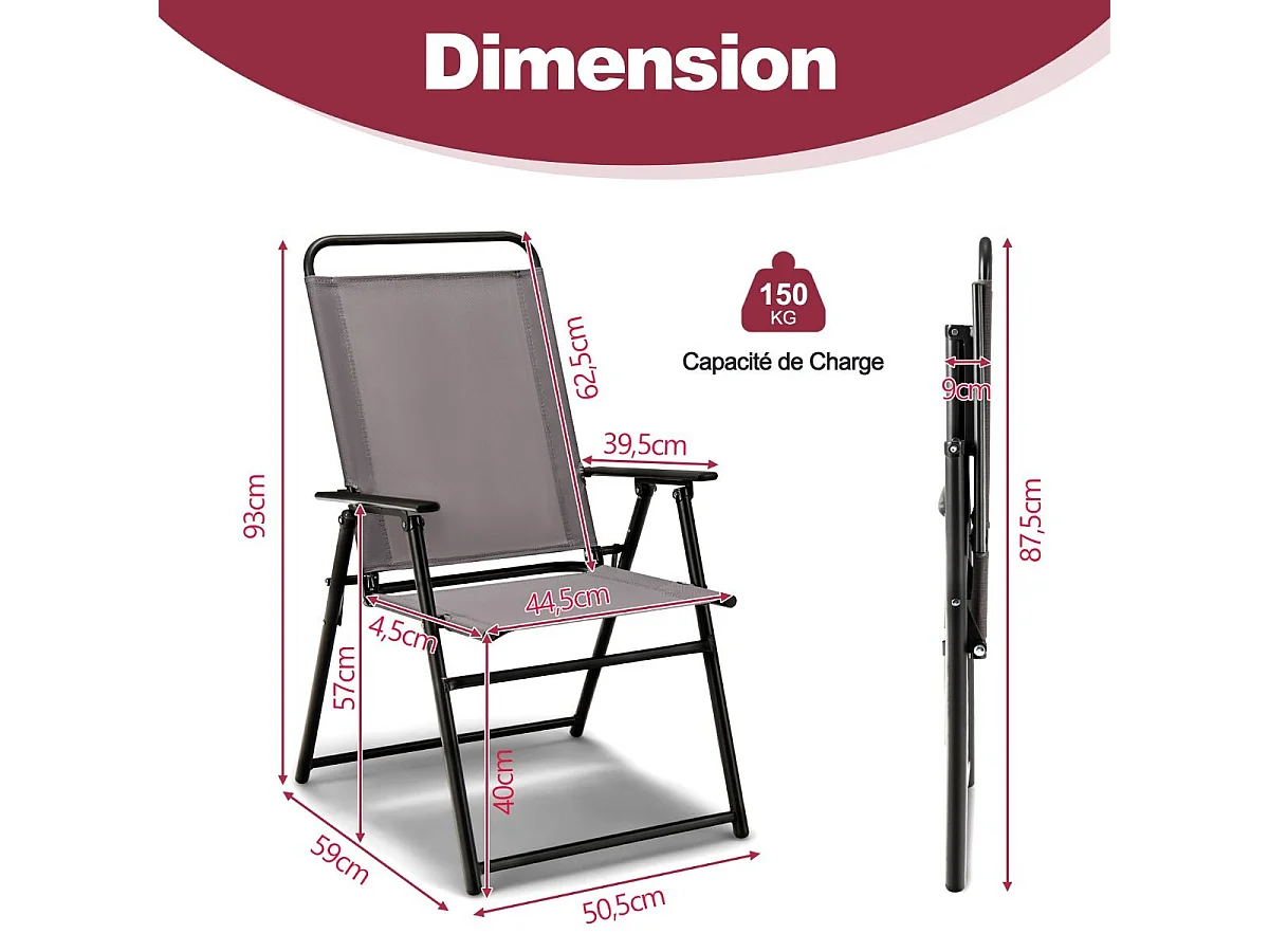 Lot de 2 Chaises de Jardin avec Cadre Métallique Chaises Pliantes en Tissu 2 Pièces avec Dossier Haut & Accoudoirs Noir