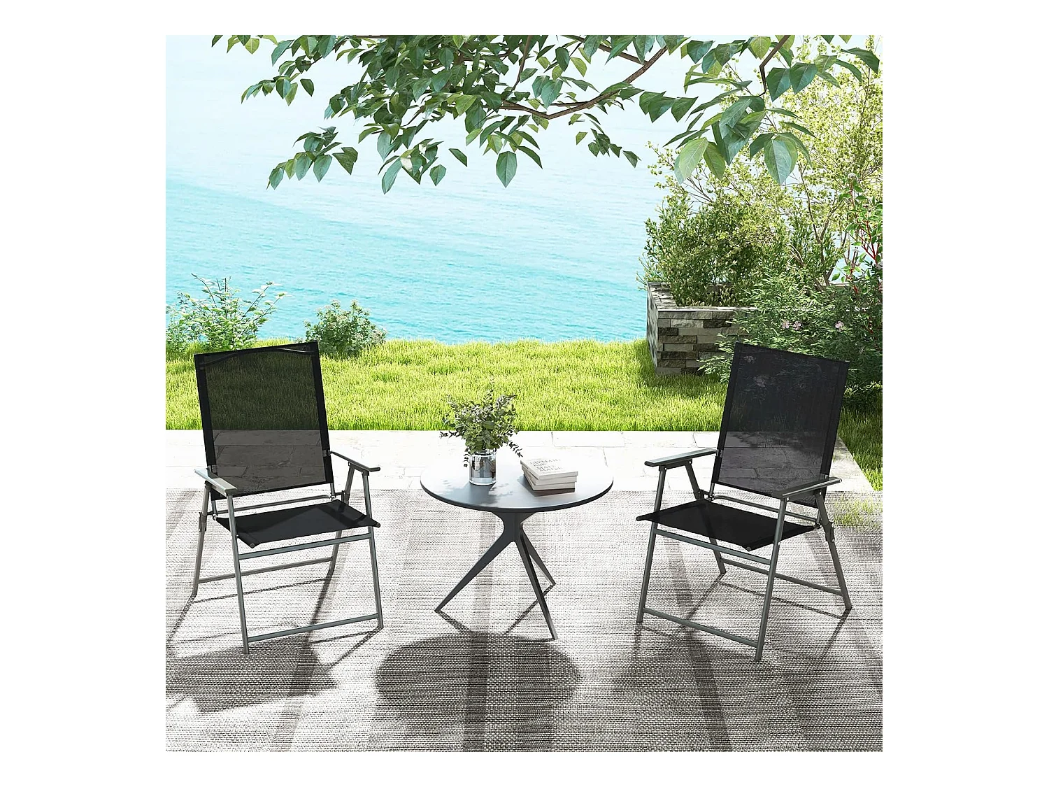 Lot de 2 Chaise de Jardin Exterieur, Fauteuil de Jardin, Verrouillage de Sécurité, Cadre en Métal, Chaise Pliante Camping, 62 x 58 x 96 cm, Charge 150 kg, Noir