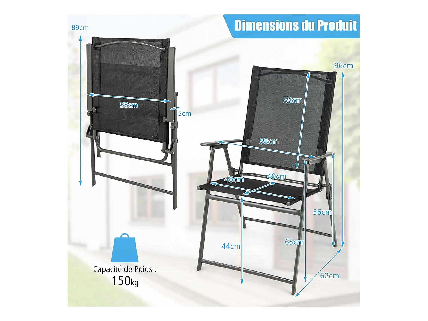 Lot de 2 Chaise de Jardin Exterieur, Fauteuil de Jardin, Verrouillage de Sécurité, Cadre en Métal, Chaise Pliante Camping, 62 x 58 x 96 cm, Charge 150 kg, Noir