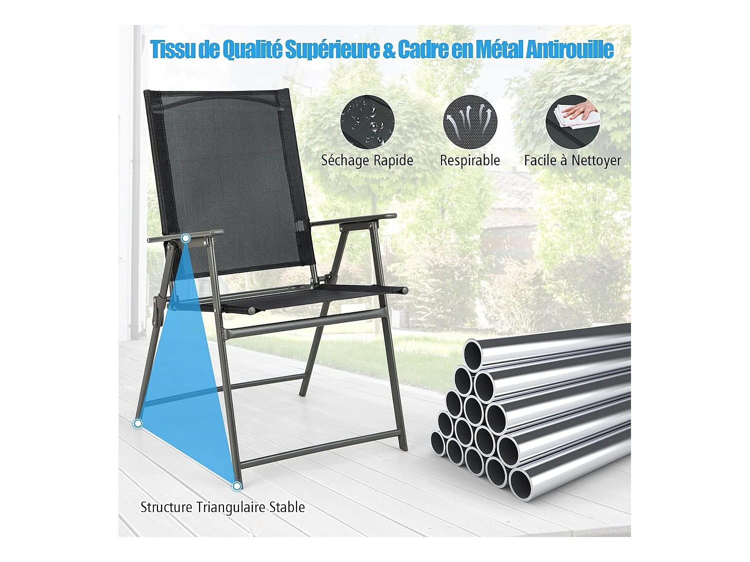 Lot de 2 Chaise de Jardin Exterieur, Fauteuil de Jardin, Verrouillage de Sécurité, Cadre en Métal, Chaise Pliante Camping, 62 x 58 x 96 cm, Charge 150 kg, Noir