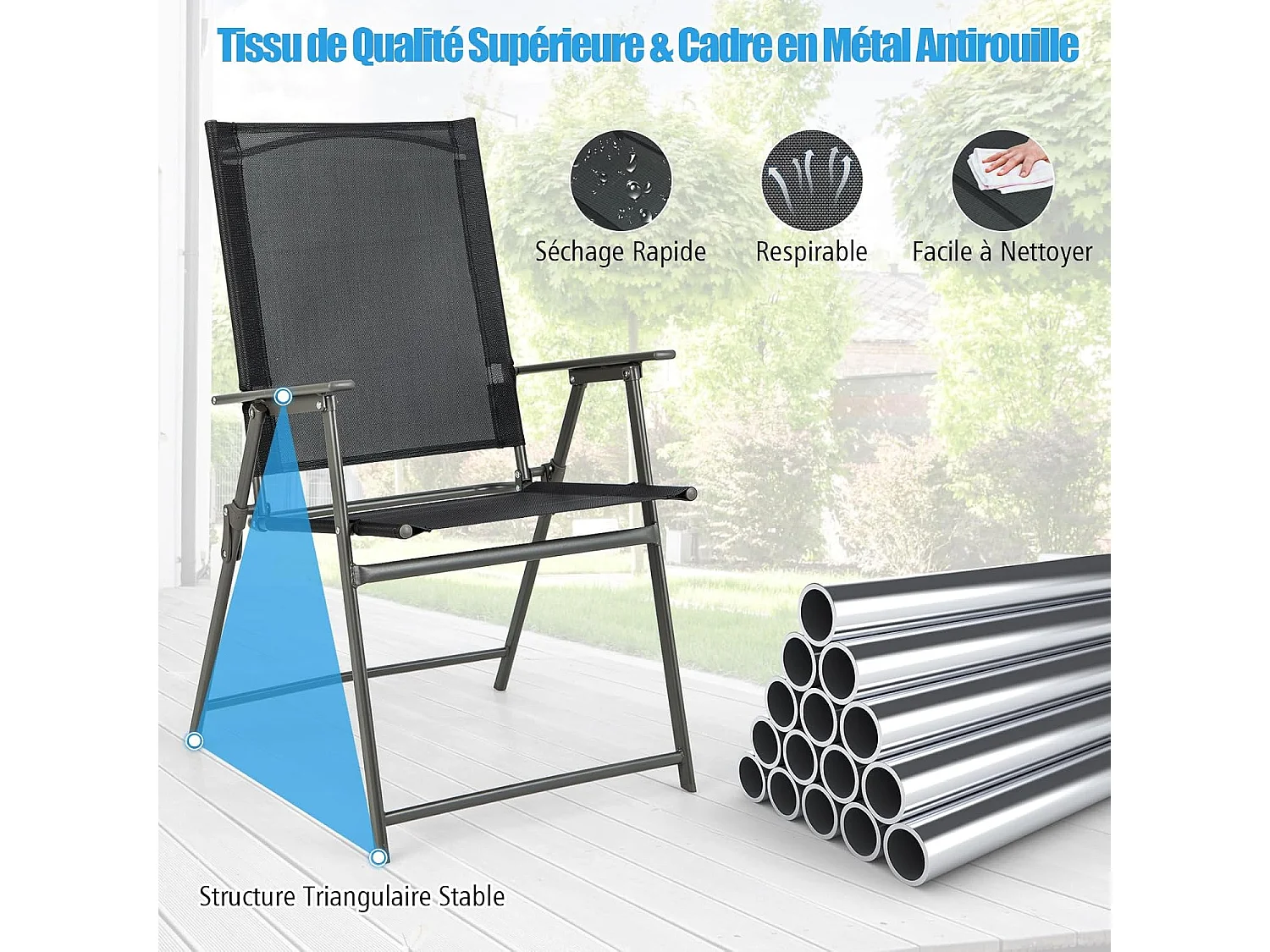 Lot de 2 Chaise de Jardin Exterieur, Fauteuil de Jardin, Verrouillage de Sécurité, Cadre en Métal, Chaise Pliante Camping, 62 x 58 x 96 cm, Charge 150 kg, Noir