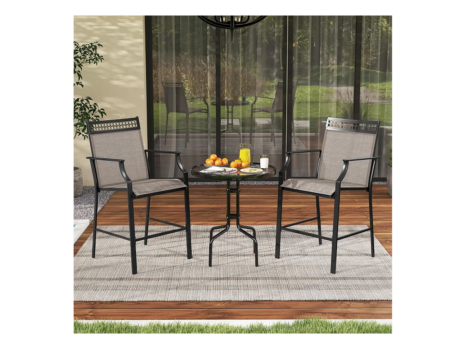 Lot de 2 Chaises de Jardin à Dossier Haut, Fauteuil d'Extérieur en Métal et en Teslin à Séchage Rapide, Chaises de Patio, Charge 180 KG, 66 x 62 x 114 cm, Café