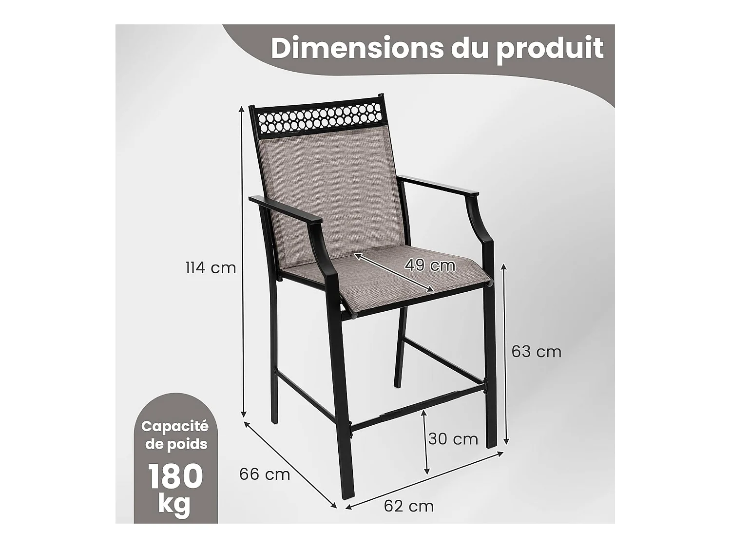 Lot de 2 Chaises de Jardin à Dossier Haut, Fauteuil d'Extérieur en Métal et en Teslin à Séchage Rapide, Chaises de Patio, Charge 180 KG, 66 x 62 x 114 cm, Café