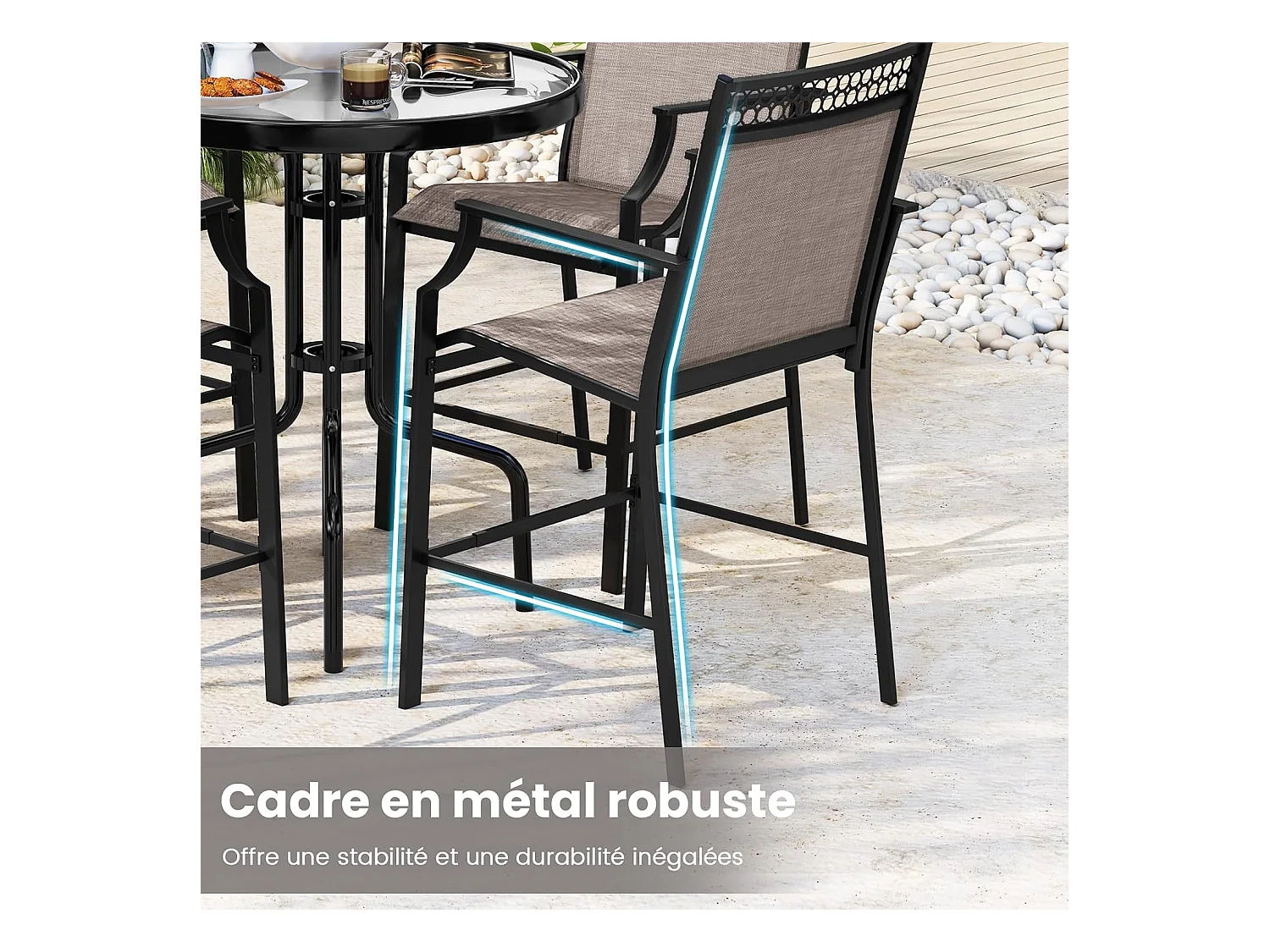 Lot de 2 Chaises de Jardin à Dossier Haut, Fauteuil d'Extérieur en Métal et en Teslin à Séchage Rapide, Chaises de Patio, Charge 180 KG, 66 x 62 x 114 cm, Café