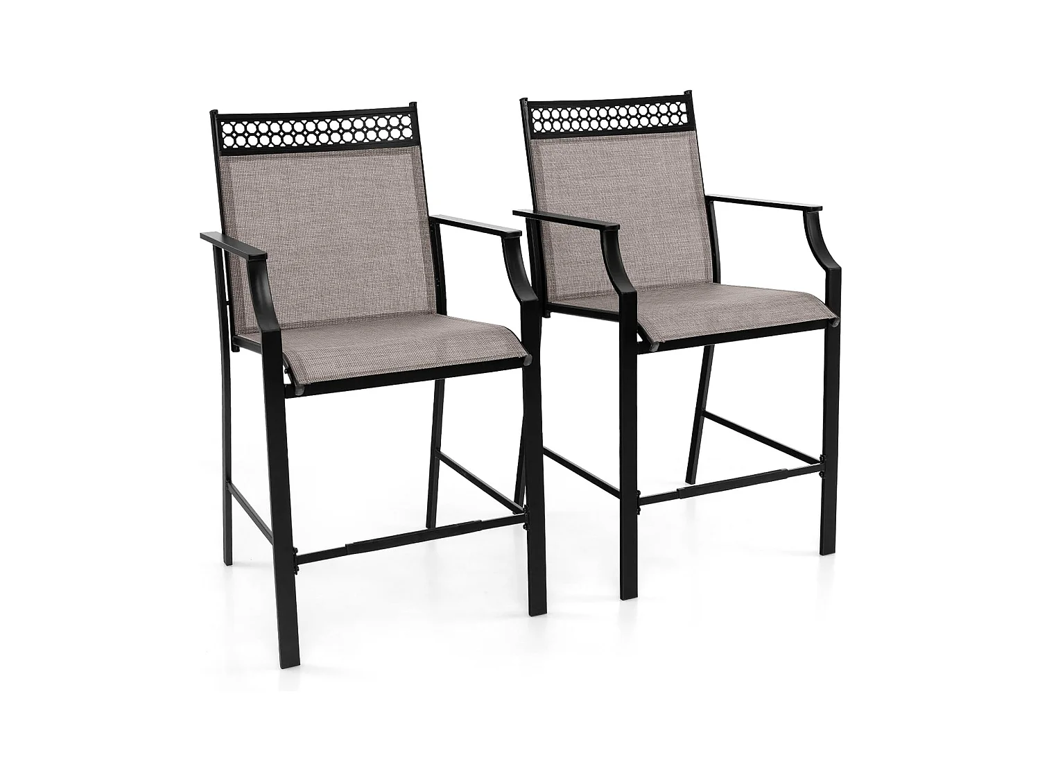 Set van 2 tuinstoelen met hoge rugleuning, snel drogende metalen en teslin tuinstoel, terrasstoelen, belasting 180 kg, 66 x 62 x 114 cm, koffiekleur
