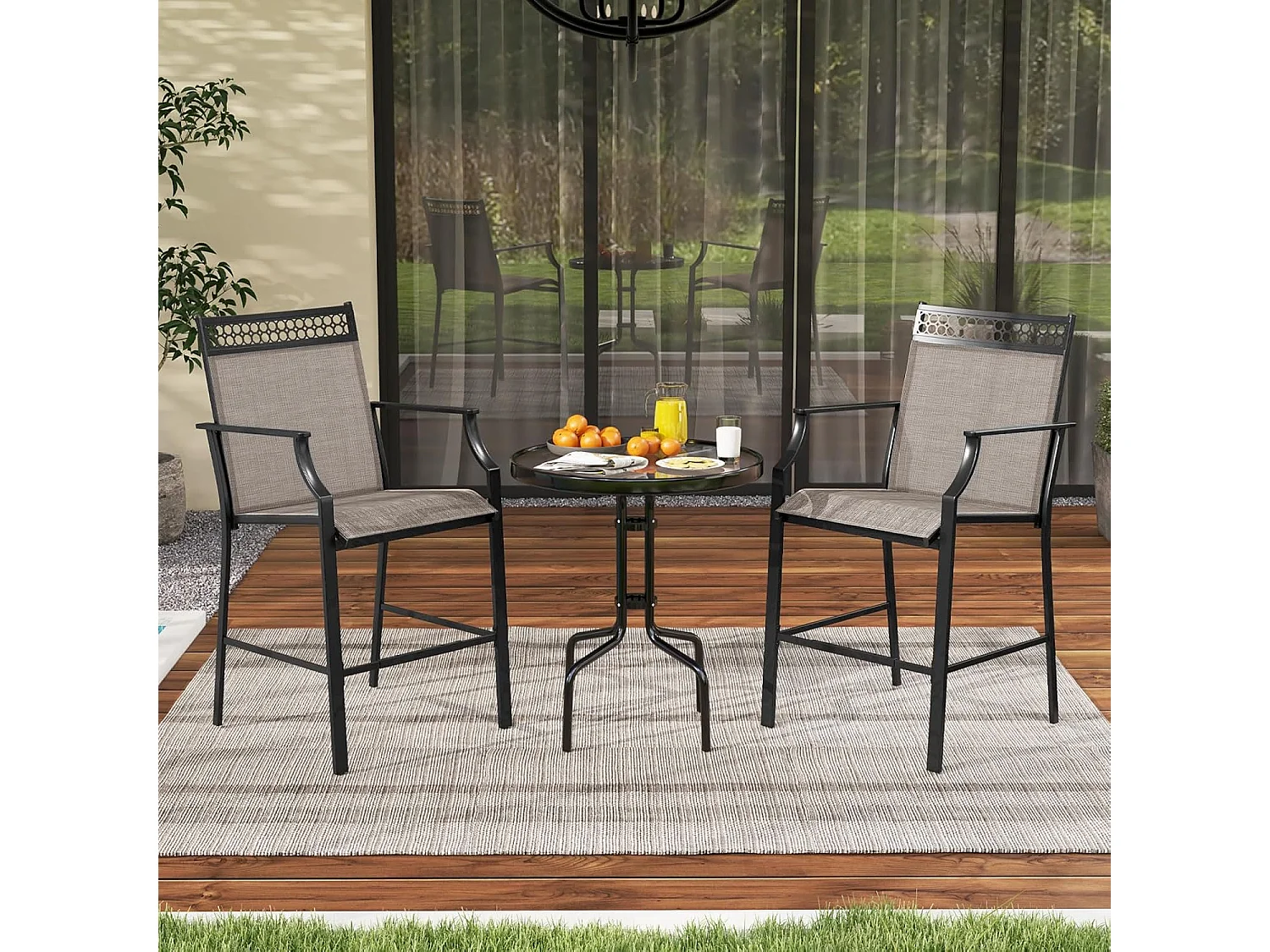 Lot de 2 Chaises de Jardin à Dossier Haut, Fauteuil d'Extérieur en Métal et en Teslin à Séchage Rapide, Chaises de Patio, Charge 180 KG, 66 x 62 x 114 cm, Café