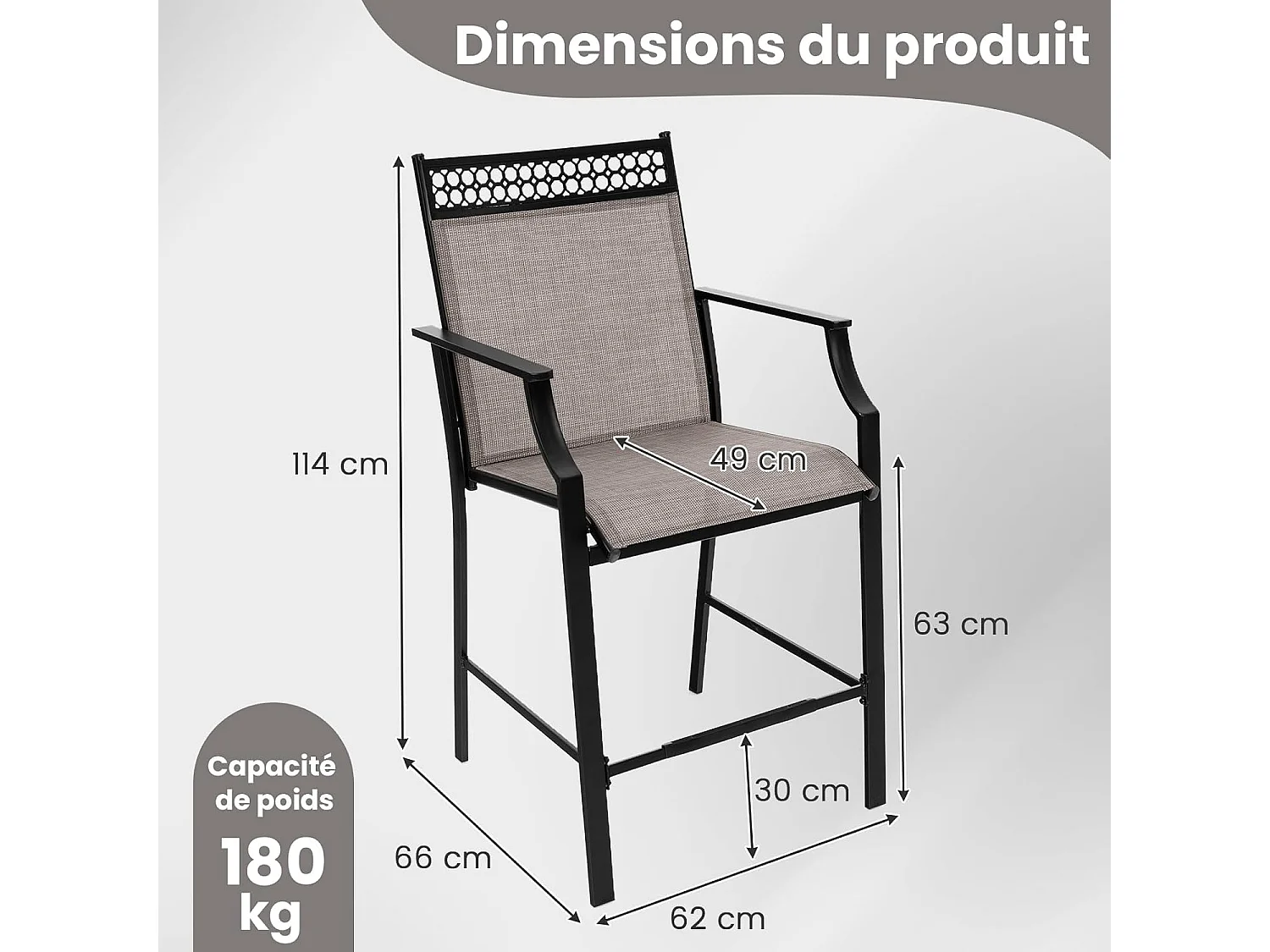 Lot de 2 Chaises de Jardin à Dossier Haut, Fauteuil d'Extérieur en Métal et en Teslin à Séchage Rapide, Chaises de Patio, Charge 180 KG, 66 x 62 x 114 cm, Café
