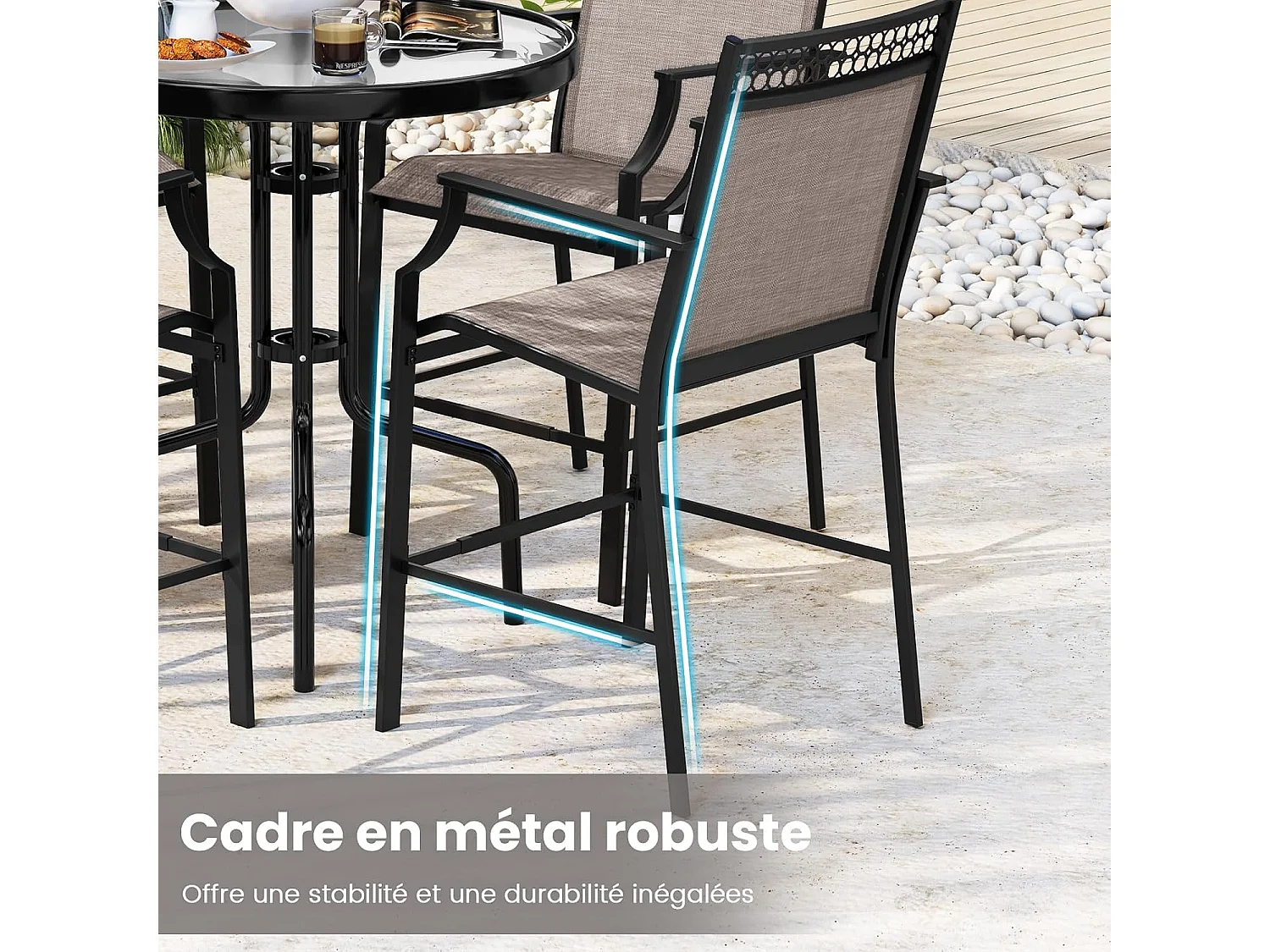 Lot de 2 Chaises de Jardin à Dossier Haut, Fauteuil d'Extérieur en Métal et en Teslin à Séchage Rapide, Chaises de Patio, Charge 180 KG, 66 x 62 x 114 cm, Café