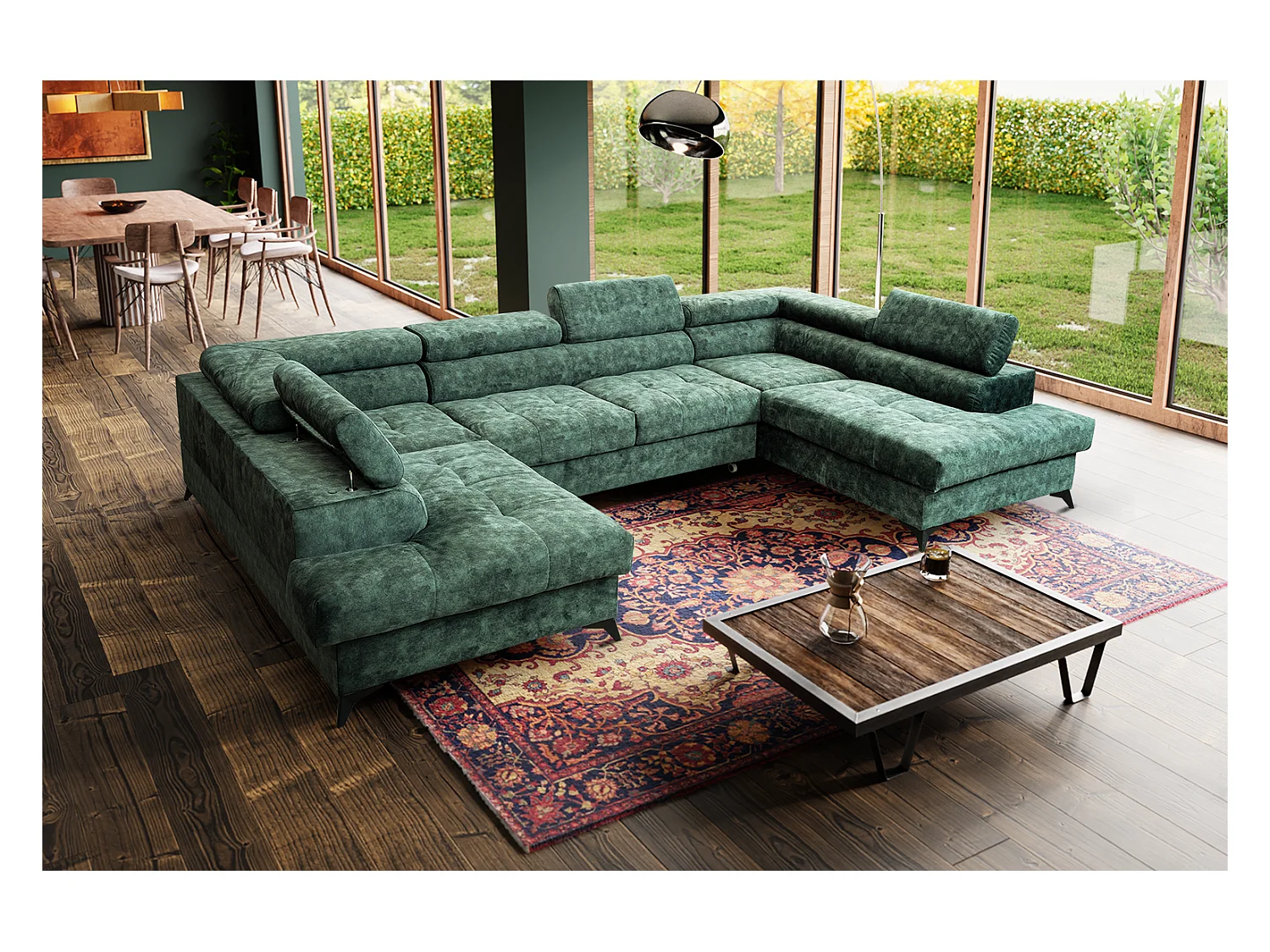 Ecksofa Palermo U-Form mit Schlaffunktion Bettkasten 345 x 202 cm Wohnzimmer Arbeitszimmer Sofa XXL, grün
