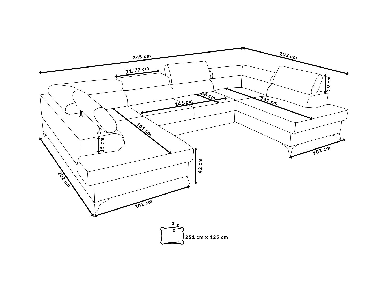 Ecksofa Palermo U-Form mit Schlaffunktion Bettkasten 345 x 202 cm Wohnzimmer Arbeitszimmer Sofa XXL, grün