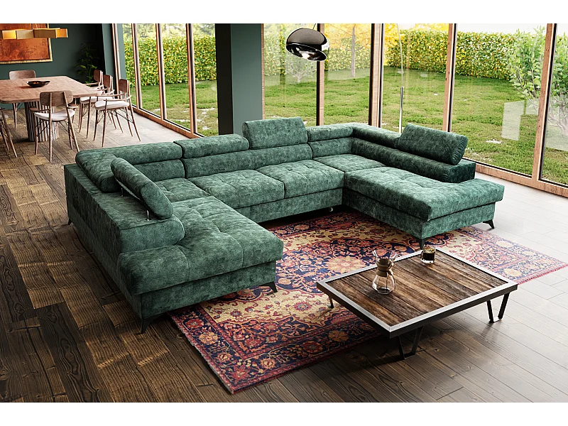 Ecksofa Palermo U-Form mit Schlaffunktion Bettkasten 345 x 202 cm Wohnzimmer Arbeitszimmer Sofa XXL, grün