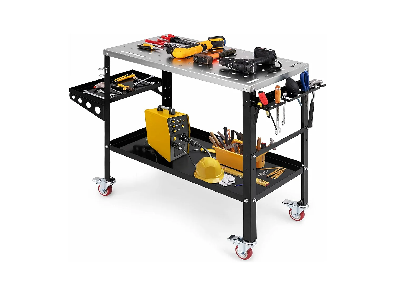 Table de Soudure Roulant 92 x 46 cm, Établi de Soudage avec 8 Trous pour Outils Trous de Fixation de 1,6 cm 2 Supports de Buses de Soudage, Charge 540KG