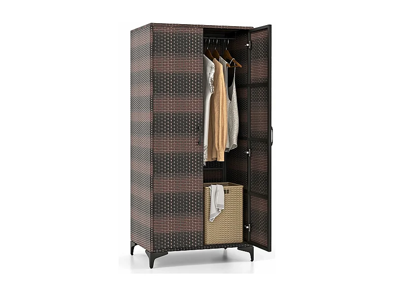 Armoire de Rangement Intérieure en Osier PE, 4 Compartiments, Armoire Tringle Penderie sur Pied en Rotin, Design Cannage Respirant, 72 x 50 x 157 cm (Marron)