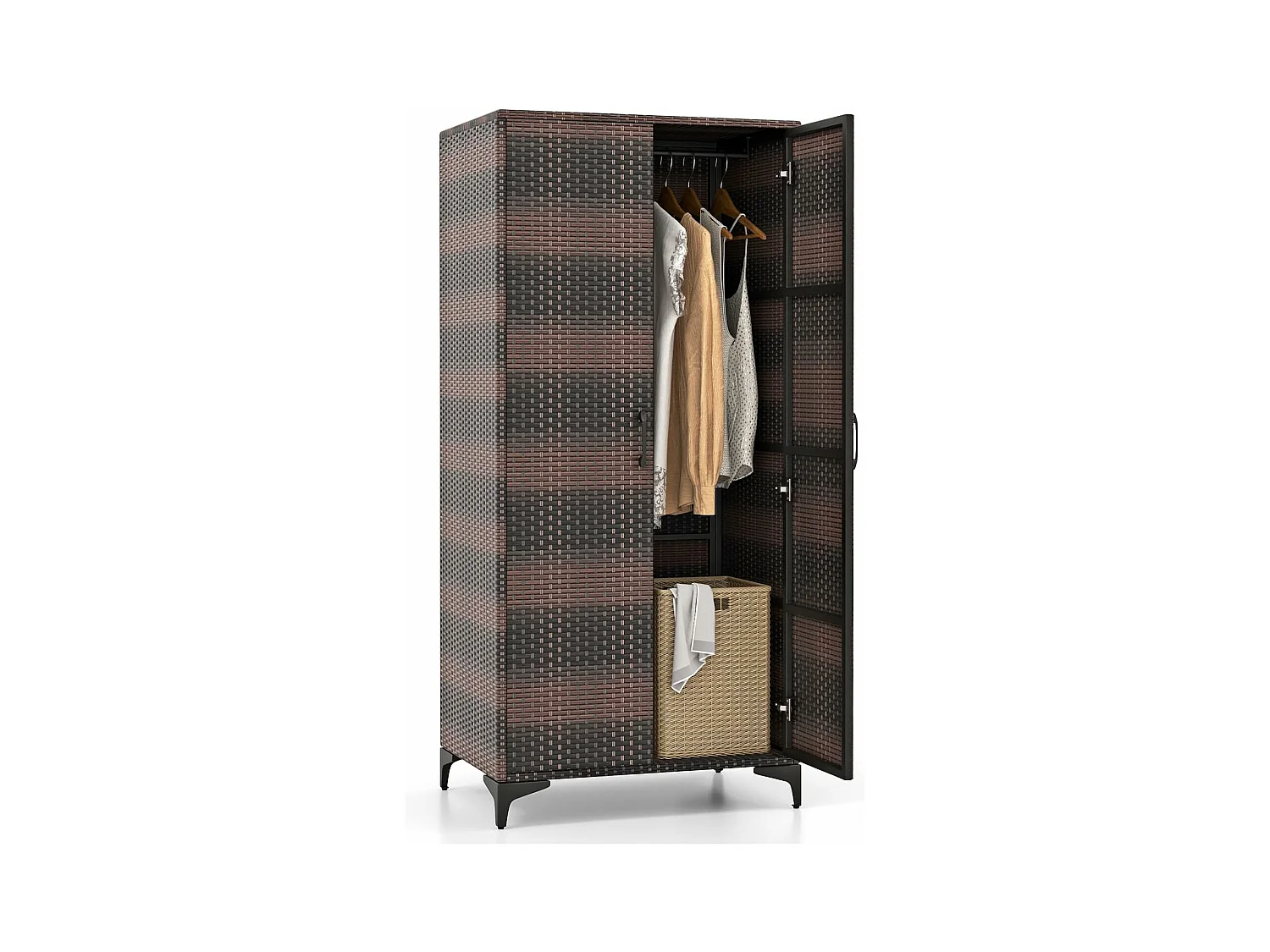 Armoire de Rangement Intérieure en Osier PE, 4 Compartiments, Armoire Tringle Penderie sur Pied en Rotin, Design Cannage Respirant, 72 x 50 x 157 cm (Marron)