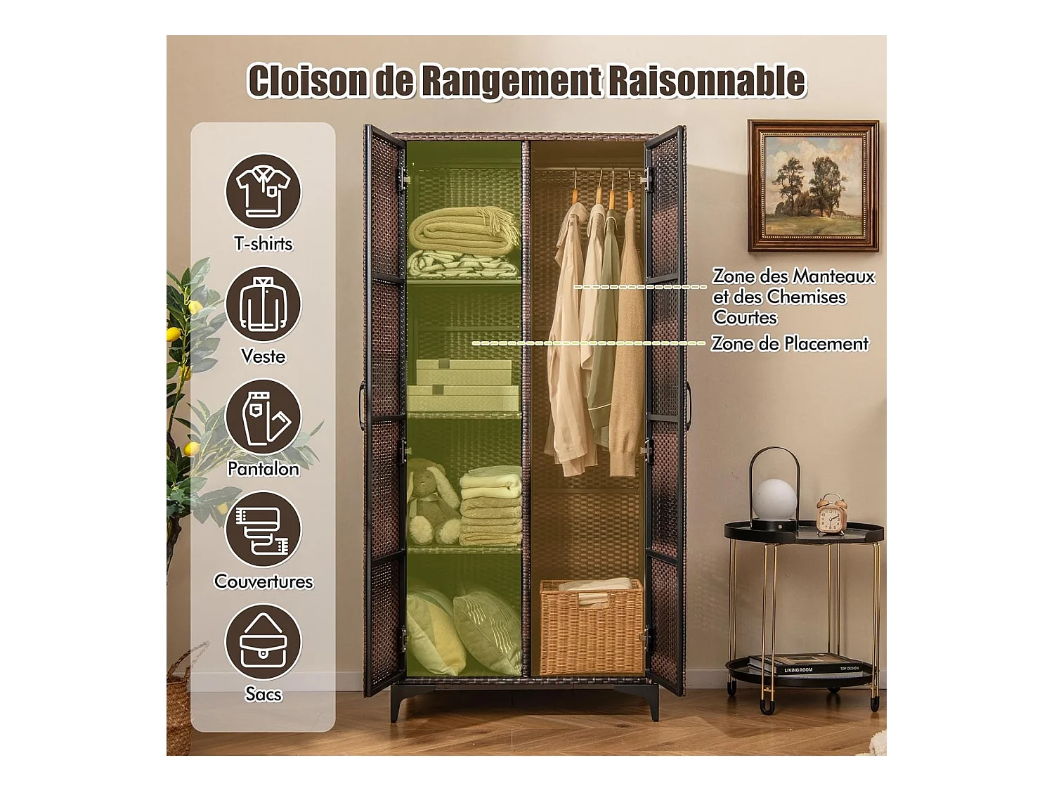 Armoire de Rangement Intérieure en Osier PE, 4 Compartiments, Armoire Tringle Penderie sur Pied en Rotin, Design Cannage Respirant, 72 x 50 x 157 cm (Marron)
